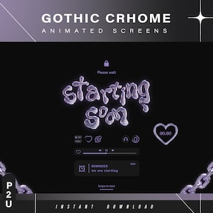 以下が含まれることがあります： 黒い背景に紫色のテキスト「GOTHIC CRHOME ANIMATED SCREENS」が表示されたウェブサイトを表示するコンピューター画面。テキスト「starting soon」は、大きく、紫色の3Dフォントで表示されます。タイマーは「00:00」を表示しています。