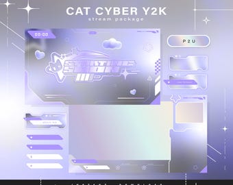 Cat cyber y2k - Pacote Twitch - Pacote de transmissão animada - Cenas de transmissão - Sobreposições Twitch - Telas animadas - Vtuber - Painéis Twitch Stream