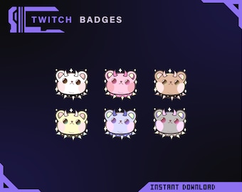 Könnte beinhalten: Sechs Twitch-Abzeichen mit niedlichen, cartoonartigen bärenartigen Charakteren mit Hörnern und Stachelhalsbändern. Die Abzeichen sind in verschiedenen Pastellfarben gehalten, darunter Weiß, Rosa, Gelb und Blau, mit funkelnden Akzenten. Der Text "TWITCH BADGES" steht oben.