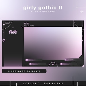 May include: A digital stream package with a girly gothic theme. The design features a black and purple color scheme with decorative elements like hearts and stars. Text includes "girly gothic II" and "5 pre-made overlays."