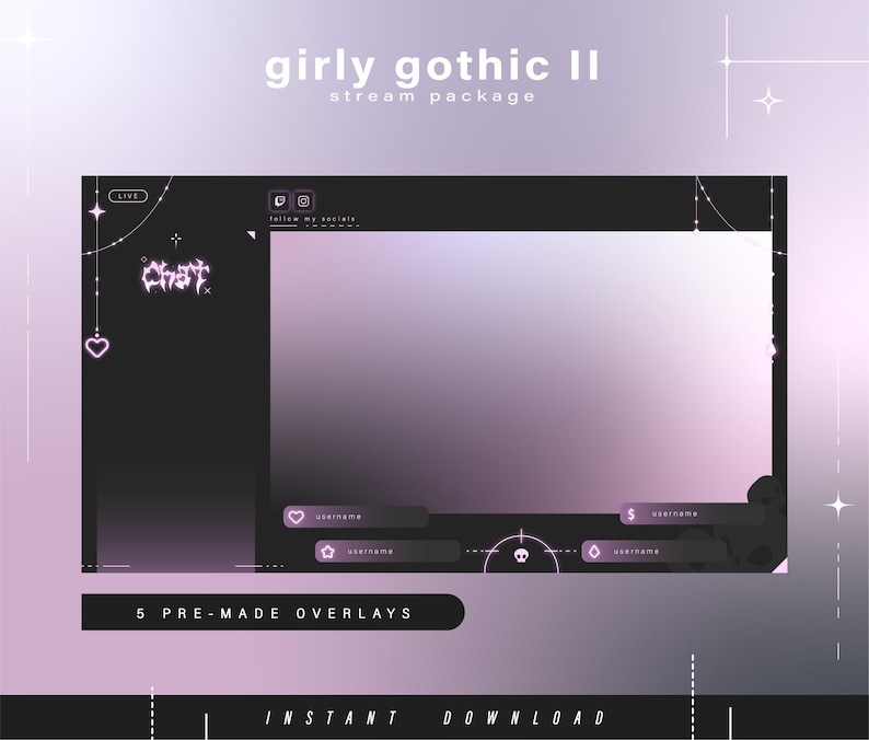 May include: A digital stream package with a girly gothic theme. The design features a black and purple color scheme with decorative elements like hearts and stars. Text includes "girly gothic II" and "5 pre-made overlays."