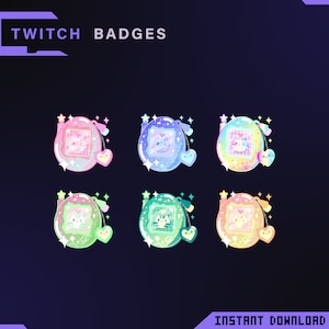 Pu&ograve; includere: Sei badge Twitch colorati a tema animali domestici digitali con una finitura scintillante e iridescente. Ogni badge presenta un colore diverso e un simpatico animale domestico dei cartoni animati con un cuore.