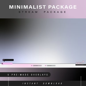 K&ouml;nnte beinhalten: Ein minimalistisches Stream-Paket-Overlay-Design mit einem Farbverlaufshintergrund aus Schwarz, Grau und Wei&szlig;. Das Overlay enth&auml;lt ein Chat-Feld, einen Follow-Button und einen Spenden-Button. Der Text "MINIMALIST PACKAGE" und "STREAM PACKAGE" wird oben auf dem Overlay angezeigt. Der Text "5 PRE-MADE OVERLAYS" und "INSTANT DOWNLOAD" wird unten auf dem Overlay angezeigt.