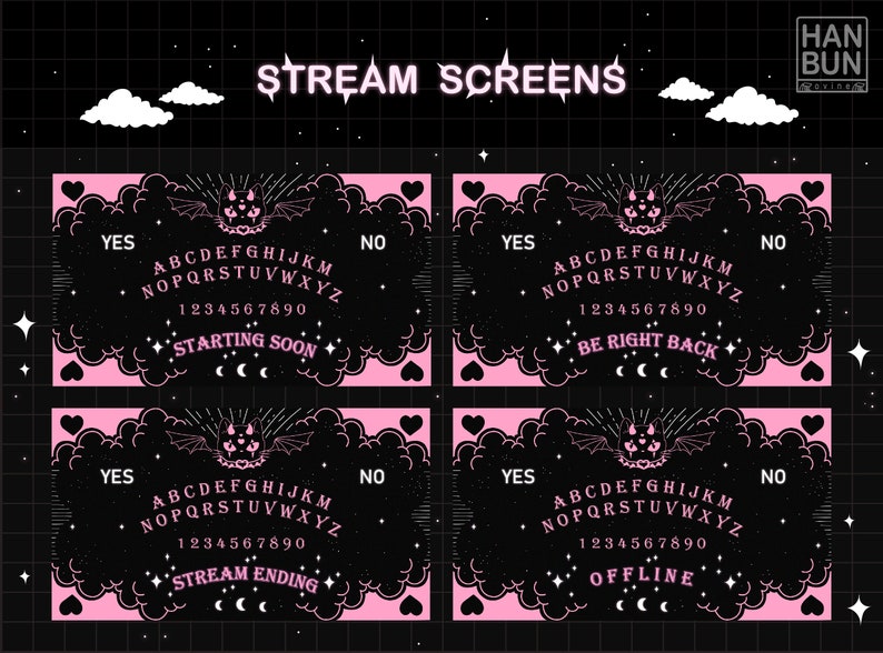 May include: Four pink and black stream screens with a Ouija board design. The screens say "Starting Soon", "Be Right Back", "Stream Ending", and "Offline".