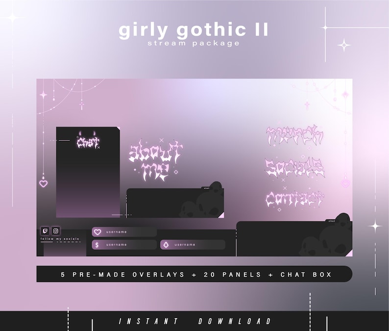 May include: A digital stream package titled "girly gothic II" with a purple and black color scheme. The design includes overlays, panels, and a chat box. Text includes "chat", "about me", "matches", "socials", and "contact". The package is an instant download.