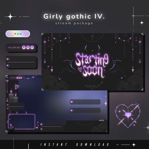 Può includere: Un pacchetto streaming digitale intitolato Girly gothic IV. con sovrapposizioni nere e viola e testo luminoso che recita Starting soon. Il set include pulsanti per i social media, finestre di chat e una cornice a forma di cuore con catene.