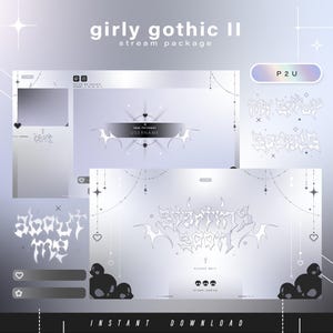 Puede incluir: Paquete de transmisión digital "girly gothic II" en un diseño lila claro y blanco. Presenta motivos de alas de murciélago y corazones, con texto como "USERNAME", "ABOUT ME" y "PLEASE WAIT". Descarga instantánea.