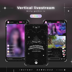 Könnte beinhalten: Ein digitales Overlay-Set für vertikale Livestreams mit einem schwarz-weißen Ouija-Brett-Thema. Das Design enthält den Text Vertical livestream, Girly gothic iv, P2U, starting soon, ouija, 1234567890 und hello mit einem Pfotenabdruck.