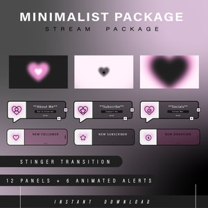 K&ouml;nnte beinhalten: Ein minimalistisches Stream-Paket mit einem rosafarbenen Herz-Thema. Es enth&auml;lt 12 Panels und 6 animierte Benachrichtigungen. Das Paket bietet einen Stinger-&Uuml;bergang, neue Follower, neue Abonnenten und neue Spendenbenachrichtigungen.