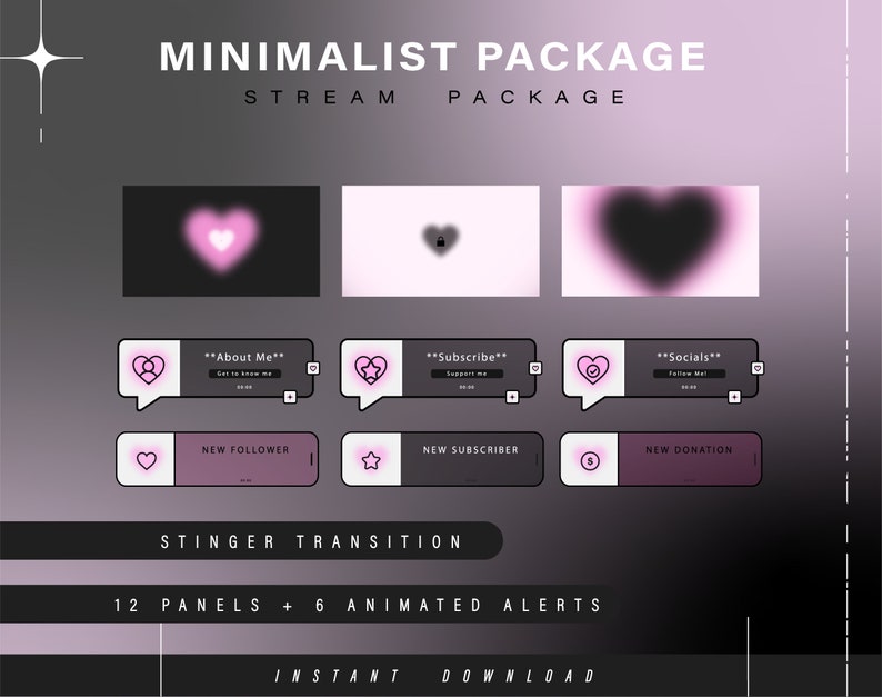 K&ouml;nnte beinhalten: Ein minimalistisches Stream-Paket mit einem rosafarbenen Herz-Thema. Es enth&auml;lt 12 Panels und 6 animierte Benachrichtigungen. Das Paket bietet einen Stinger-&Uuml;bergang, neue Follower, neue Abonnenten und neue Spendenbenachrichtigungen.