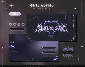 Estilo gótico feminino - Pacote para Twitch - Pacote de transmissões animadas - Cenas para transmissões - Sobreposições para Twitch - Telas animadas - Vtuber - Painéis para transmissões na Twitch