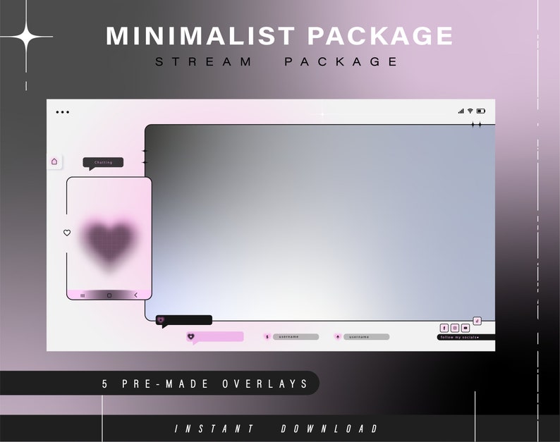 K&ouml;nnte beinhalten: Ein minimalistisches Stream-Paket mit 5 vorgefertigten Overlays. Das Design zeigt ein rosa Herz und einen Verlaufshintergrund. Der Text "MINIMALIST PACKAGE" und "STREAM PACKAGE" wird in schwarzer Schrift angezeigt.