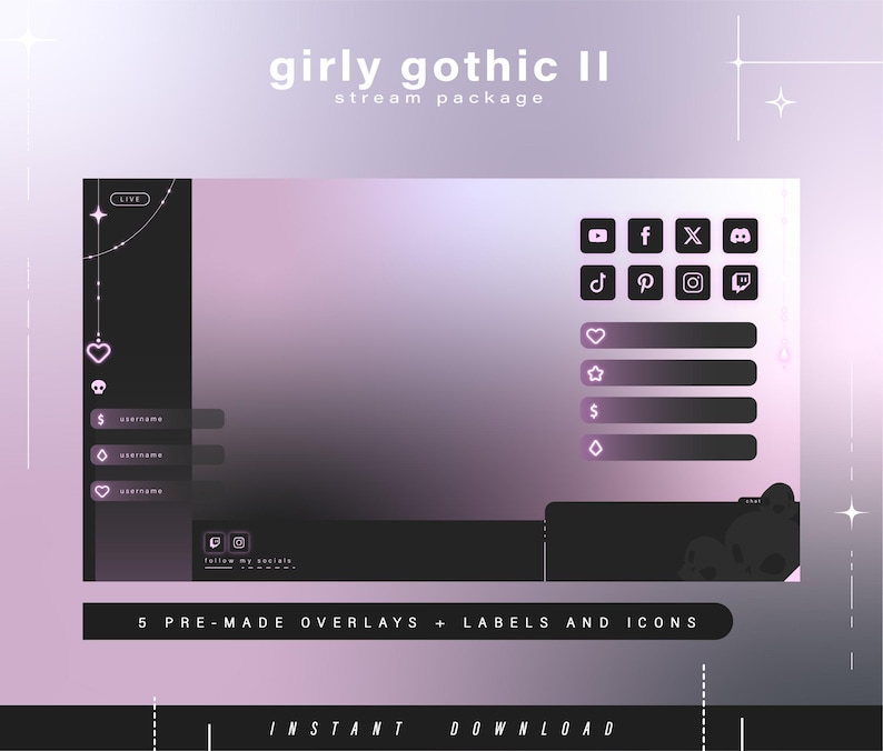 May include: A digital stream package with a girly gothic theme. The design features a gradient background in shades of purple and black. Includes social media icons, labels, and overlays. Text on the image reads "girly gothic II stream package" and "5 pre-made overlays + labels and icons."