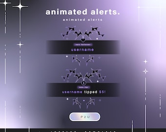 Könnte beinhalten: Digital animierte Alerts Grafik mit lila und schwarzem Farbschema. Das Design beinhaltet fledermausförmige Elemente und Text, der "animated alerts", "new follower" und "username tipped $5!" lautet. Die Grafik enthält auch den Text "P2U" und "INSTANT DOWNLOAD."