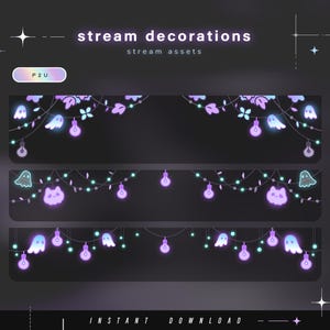 Peut inclure: Trois bannières de stream numériques avec des guirlandes lumineuses violettes et bleu sarcelle, ornées d'icônes de fantômes, de chats et d'ampoules. Le texte indique stream decorations, stream assets, P2U et instant download sur fond sombre.