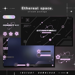 Könnte beinhalten: Ein digitales Stream-Paket mit dem Titel Ethereal space, bestehend aus dunklen Hintergründen mit leuchtend hellvioletten Sternsymbolen, Orbitalring-Grafiken und Textelementen wie STARTING, ABOUT ME sowie Social-Media-Symbolen für YouTube, Instagram und Facebook.