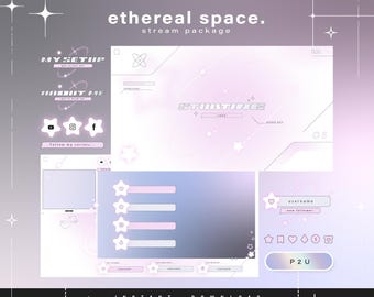 Espaço etéreo - Y2K - Pacote Twitch - Pacote de transmissão mínima animada - Cenas de transmissão - Sobreposições Twitch - Telas animadas - Painéis Twitch
