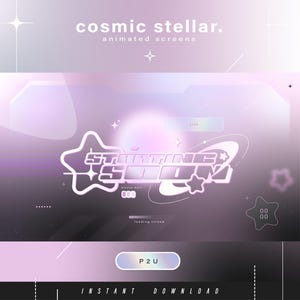 以下が含まれることがあります： 紫とグレーのグラデーションの背景を持つデジタルグラフィック。上部には「cosmic stellar」と「animated screens」の文字。グラフィックは、「STARTING SOON」の文字とその他のデザイン要素を持つ星型のロゴを特徴としています。