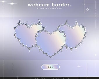 May include: Three silver heart-shaped frames with a holographic iridescent effect. The frames are arranged in a cluster and have a jagged, spiky edge. The background is a light purple gradient.