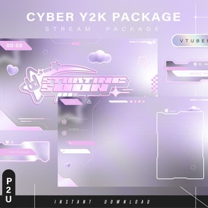 Cyber y2k Twitch Pack - Pacote de transmissão mínima animada - Cenas de transmissão - Sobreposições Twitch - Telas animadas Pacote de transmissão Vtuber Twitch