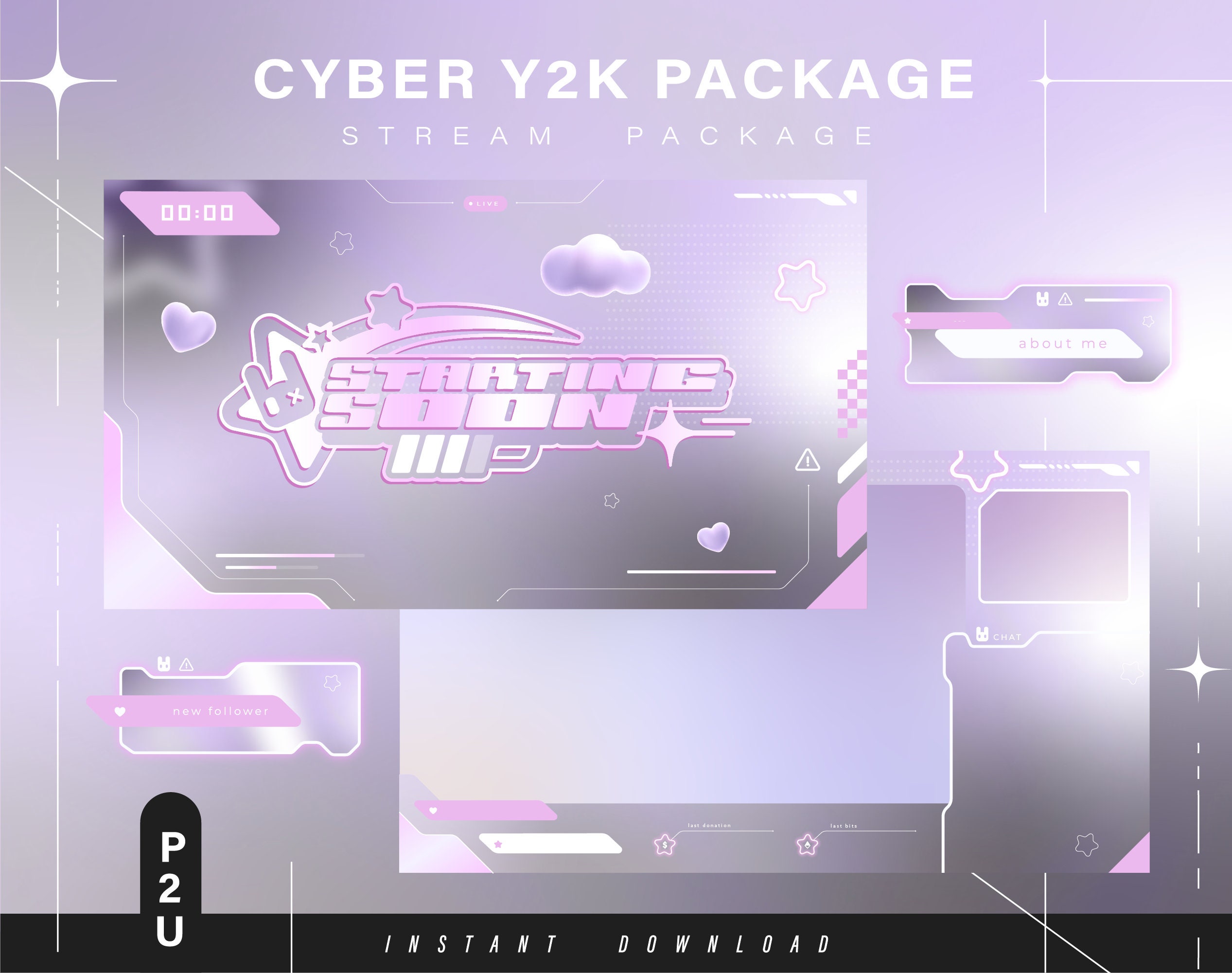 Bunny cyber y2k - Twitch Pack - Animated Stream Pack - Streaming Scenes - Twitch overlays - Animated screens - Vtuber- Panels Twitch Stream