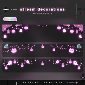 May include: Three digital stream banners featuring glowing pink neon-style graphics of ghosts, pumpkins, and light bulbs on a dark background. The text reads stream decorations, stream assets, P2U, and instant download with star accents.