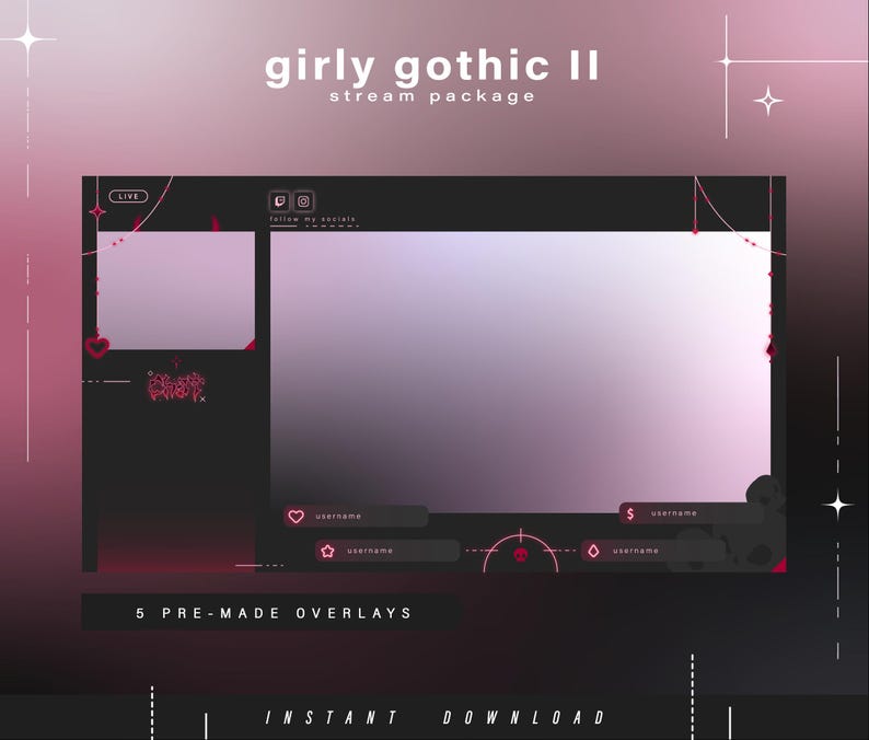 Może przedstawiać: Cyfrowy pakiet streamingu "girly gothic II" w ciemnej i r&oacute;żowej kolorystyce. Projekt zawiera gł&oacute;wny obszar wyświetlania, mniejszą ramkę kamery internetowej i r&oacute;żne elementy dekoracyjne, takie jak serca i gwiazdy. Tekst zawiera "LIVE", "5 PRE-MADE OVERLAYS" i "INSTANT DOWNLOAD".