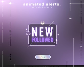 Puede incluir: Gráfico digital con fondo degradado púrpura. El texto "animated alerts" está en la parte superior. Un rectángulo brillante en el centro dice "NEW FOLLOWER" con estrellas y acentos de luna creciente. La parte inferior dice "INSTANT DOWNLOAD".