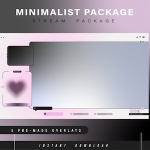 K&ouml;nnte beinhalten: Ein minimalistisches Stream-Paket-Overlay mit einem rosa Herzen und einem grauen Hintergrund. Das Overlay enth&auml;lt ein Chat-Feld, einen Follow-Button und einen Spenden-Button. Der Text "MINIMALIST PACKAGE" und "STREAM PACKAGE" wird oben im Bild angezeigt. Der Text "5 PRE-MADE OVERLAYS" und "INSTANT DOWNLOAD" wird unten im Bild angezeigt.
