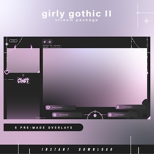 May include: A digital stream package with a girly gothic theme. The design features a black and purple color scheme with decorative elements like hearts, stars, and horns. Text includes "girly gothic II" and "5 pre-made overlays".