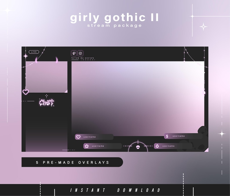 May include: A digital stream package with a girly gothic theme. The design features a black and purple color scheme with decorative elements like hearts, stars, and horns. Text includes "girly gothic II" and "5 pre-made overlays".