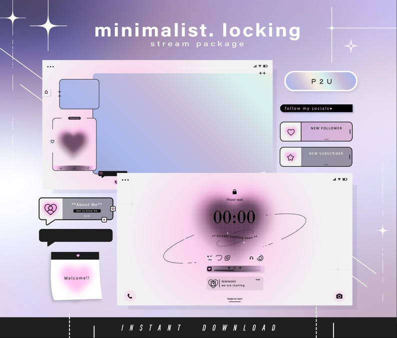 K&ouml;nnte beinhalten: Eine digitale Illustration eines Stream-Pakets mit einem rosa und violetten Farbverlaufshintergrund. Das Paket enth&auml;lt verschiedene Elemente, wie einen Timer, eine Chatbox, einen Follow-Button und einen Abonnieren-Button. Der Text "minimalist. locking" und "stream package" wird oben im Bild angezeigt. Der Text "P2U" wird in einem rosa Kasten oben rechts im Bild angezeigt. Der Text "follow my socials" wird in einem schwarzen Kasten unterhalb des rosa Kastens angezeigt. Der Text "NEW FOLLOWER" wird in einem rosa Kasten mit einem Herzsymbol angezeigt. Der Text "NEW SUBSCRIBER" wird in einem grauen Kasten mit einem Sternensymbol angezeigt. Der Text "About Me" wird in einem grauen Kasten mit einem Herzsymbol angezeigt. Der Text "Welcome!!" wird in einem rosa Kasten mit einem Herzsymbol angezeigt. Der Text "00:00" wird in einem wei&szlig;en Kreis mit schwarzem Rand angezeigt. Der Text "INSTANT DOWNLOAD" wird unten im Bild angezeigt.