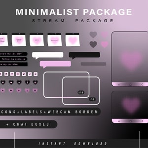 K&ouml;nnte beinhalten: Ein minimalistisches Twitch-Stream-Paket mit rosa und schwarzen Akzenten. Das Paket enth&auml;lt Icons, Labels, Chatboxen und Webcam-Rahmen. Der Text "MINIMALIST PACKAGE" und "STREAM PACKAGE" wird oben im Bild angezeigt. Der Text "ICONS + LABELS + WEBCAM BORDER" und "+ CHAT BOXES" wird in der Mitte des Bildes angezeigt. Der Text "INSTANT DOWNLOAD" wird unten im Bild angezeigt.
