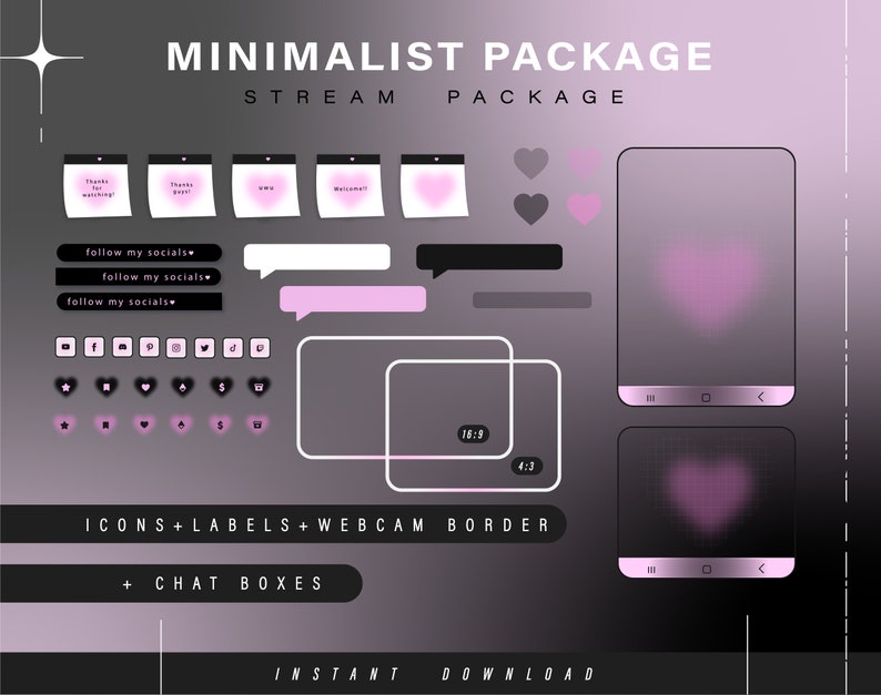 K&ouml;nnte beinhalten: Ein minimalistisches Twitch-Stream-Paket mit rosa und schwarzen Akzenten. Das Paket enth&auml;lt Icons, Labels, Chatboxen und Webcam-Rahmen. Der Text "MINIMALIST PACKAGE" und "STREAM PACKAGE" wird oben im Bild angezeigt. Der Text "ICONS + LABELS + WEBCAM BORDER" und "+ CHAT BOXES" wird in der Mitte des Bildes angezeigt. Der Text "INSTANT DOWNLOAD" wird unten im Bild angezeigt.