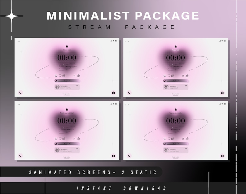 K&ouml;nnte beinhalten: Vier Bildschirm-Mockups eines minimalistischen Stream-Pakets mit einem rosa Farbverlaufshintergrund. Die Bildschirme zeigen einen Timer, ein Herz-Symbol, eine Wiedergabetaste sowie ein Telefon- und ein Kamerasymbol. Der Text "MINIMALIST PACKAGE" und "STREAM PACKAGE" befindet sich oben im Bild. Der Text "3 ANIMATED SCREENS + 2 STATIC" und "INSTANT DOWNLOAD" befindet sich unten im Bild.