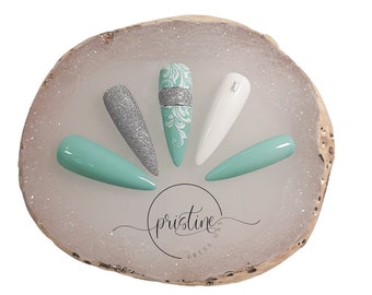 Elegant Mint Green Wedding Press On Nails With Silver Glitter Accents | Set of 10