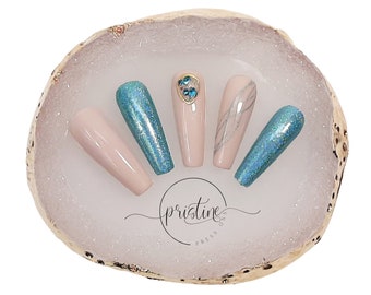 Turquoise Holographic Press On Nails | Holographic Nails | Vacation Nails | Summer Nails 2021 | Beige Nails | Nail With Gems | Set of 10