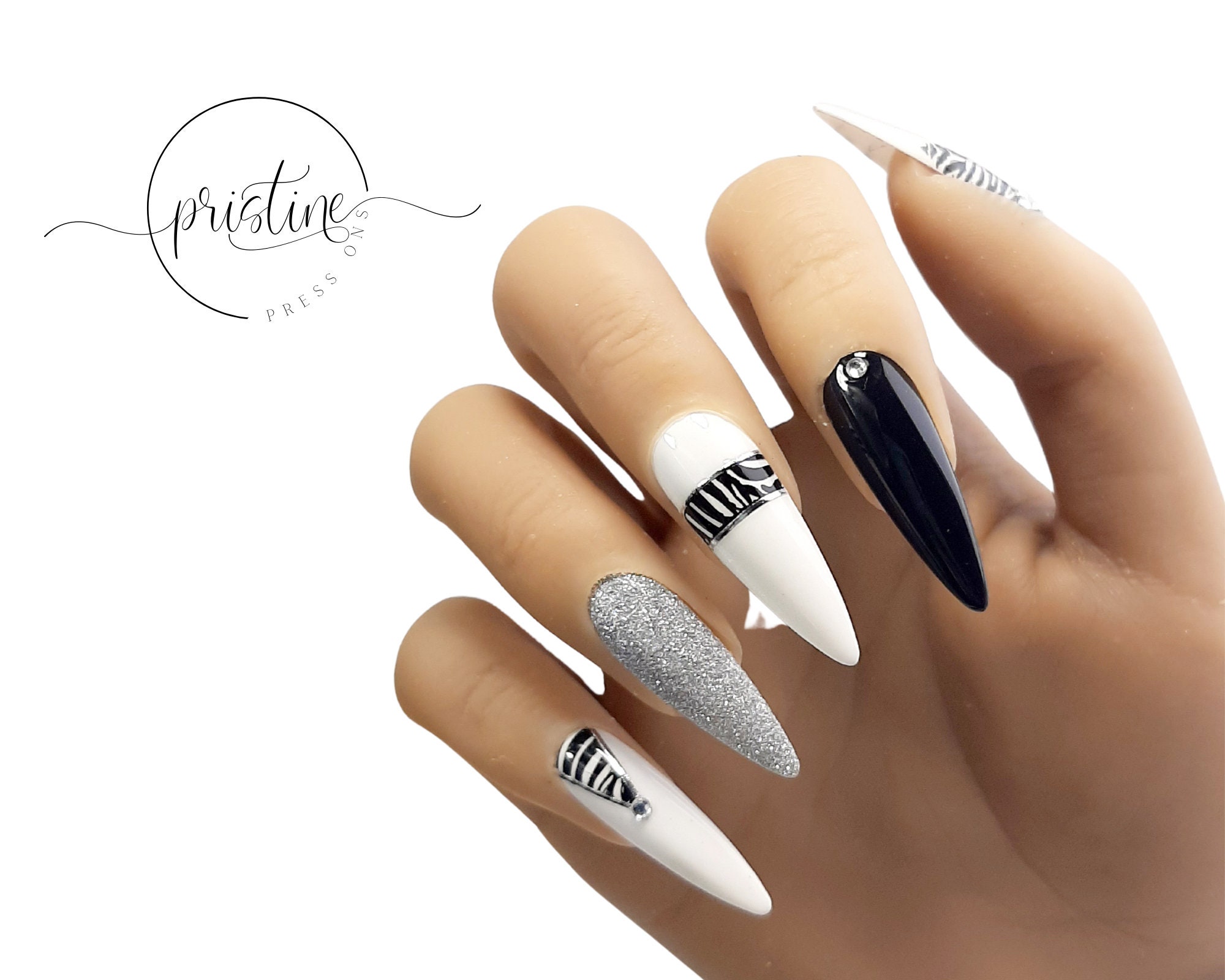 Luxury Zebra Print Press on Nails With Silver Glitter and Gem - Etsy Luxury Zebra Print Press on Nails With Silver Glitter and Gem - Etsy