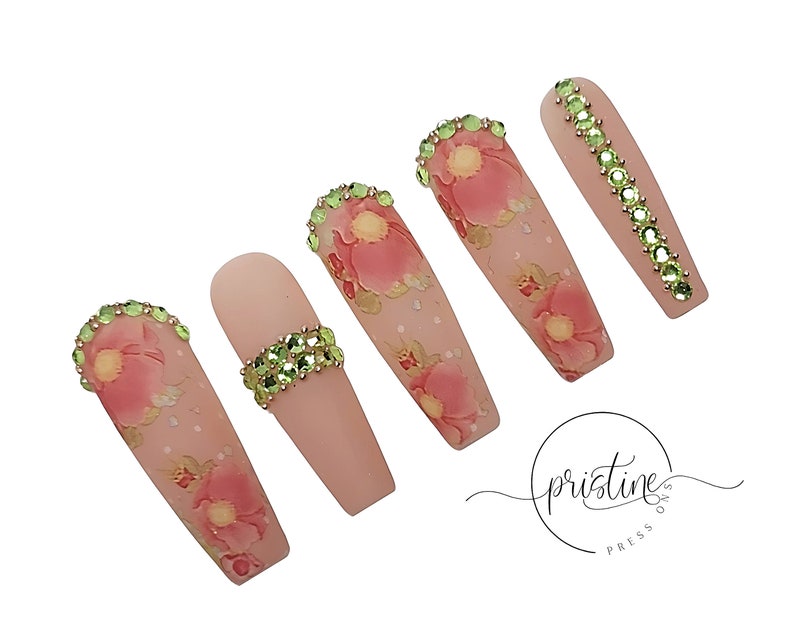 Luxury Matte Peach Spring Nails With Flower Design and Peridot - Etsy