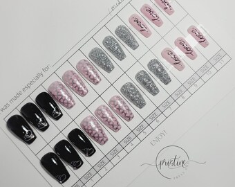 Ready to ship Valentine's Day Press on Nails | Medium Coffin Gel X Tips | Set of 24 Tips | Pink, Silver, Black Nail Design | No Measuring