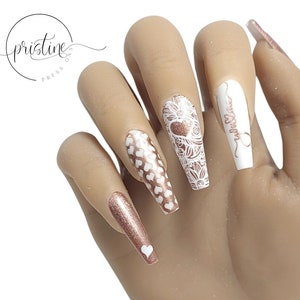 You Love Me Rose Gold Valentine's Day Nails Valentine Press on Nails Heart Nails Set of 10 image 2