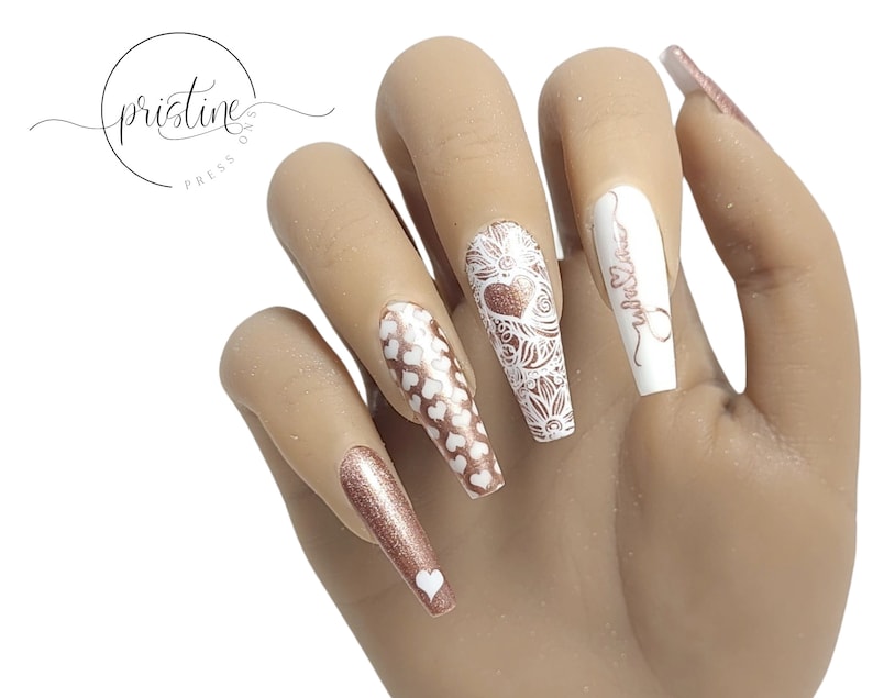 You Love Me Rose Gold Valentine's Day Nails Valentine Press on Nails Heart Nails Set of 10 image 2