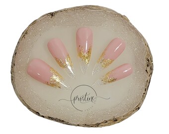 Luxury Wedding Nails | Blush Pink With Gold Foil Flakes and Bubble Clear Tips | Press on Nails | Set of 10