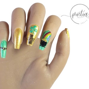 Oh Lucky Day St. Patrick's Day Nails Saint Patricks Day Press On Nails Pot of Gold Rainbow 4 Leaf Clover Leprechaun Belt Set of 10 image 3