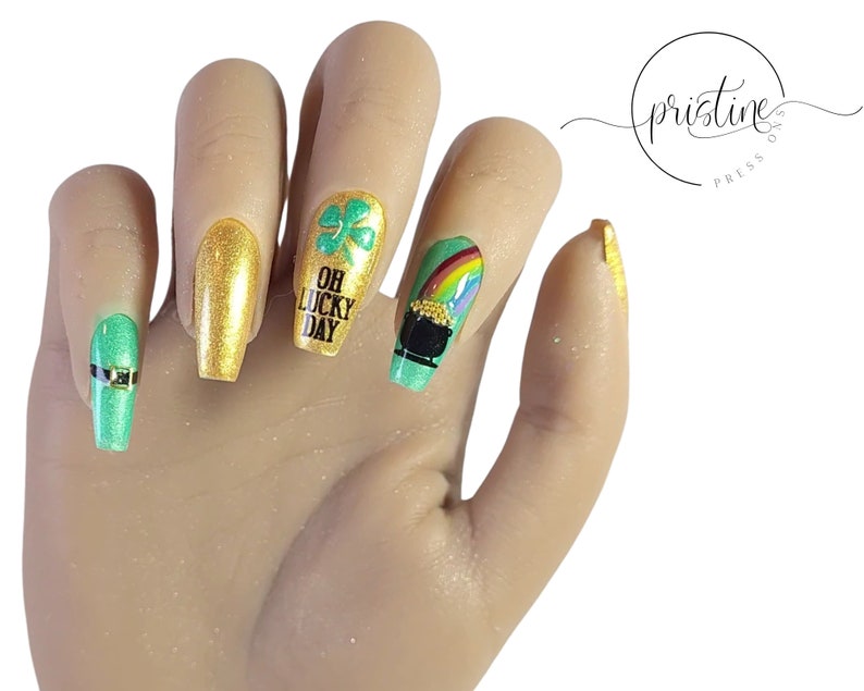 Oh Lucky Day St. Patrick's Day Nails Saint Patricks Day Press On Nails Pot of Gold Rainbow 4 Leaf Clover Leprechaun Belt Set of 10 image 3