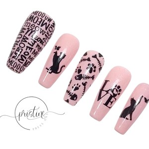 Cute and Fun Cat Press On Nails Pink Nails With Cat Designs Cat Lovers Gift For Women Set of 10 image 5