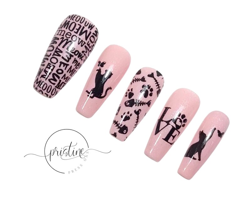 Cute and Fun Cat Press On Nails Pink Nails With Cat Designs Cat Lovers Gift For Women Set of 10 image 5