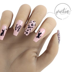 Cute and Fun Cat Press On Nails Pink Nails With Cat Designs Cat Lovers Gift For Women Set of 10 image 2