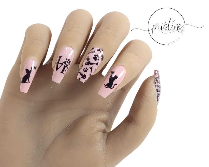 Cute and Fun Cat Press On Nails Pink Nails With Cat Designs Cat Lovers Gift For Women Set of 10 image 2