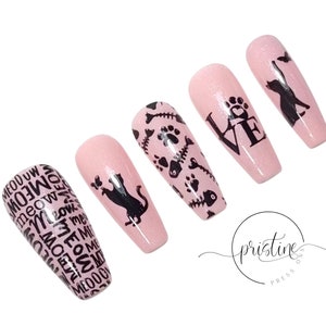 Cute and Fun Cat Press On Nails Pink Nails With Cat Designs Cat Lovers Gift For Women Set of 10 image 4